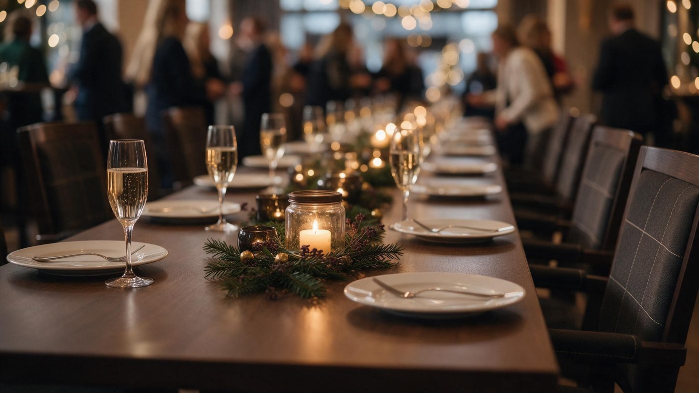 Festlich gedeckte Tafel mit Kerzen und Tannenzweigen vor Beginn einer Weihnachtsfeier